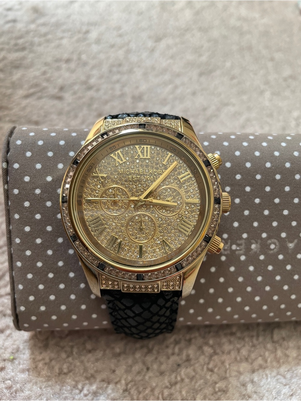 Michael Kors Gold Tone Pavé Chronograph Watch with Black Strap